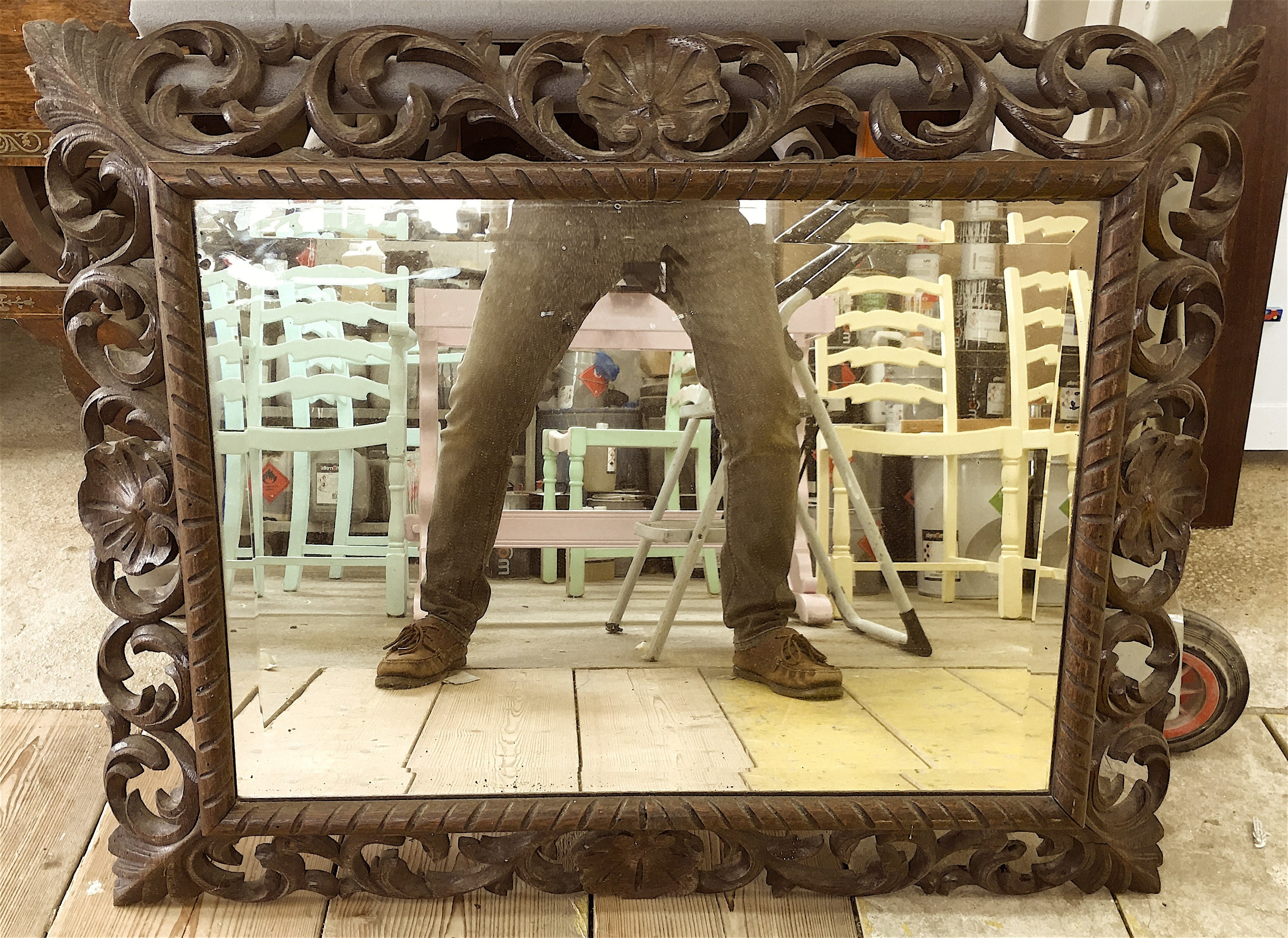 A Victorian rectangular carved oak bevelled glass mirror, width 88cm, height 70cm